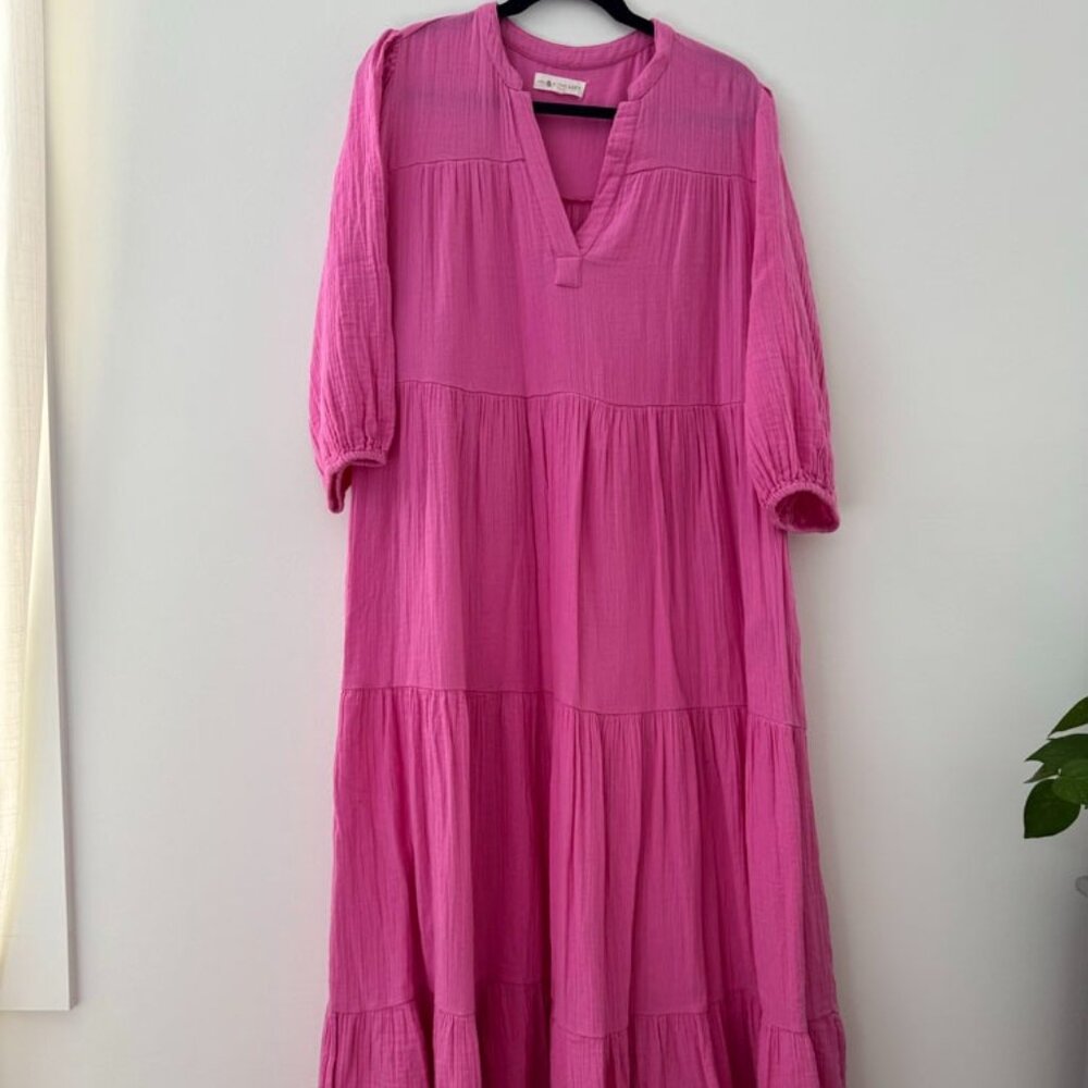 LOFT Lou & Grey Pink Tiered 3/4 Sleeve V-Neck Maxi Dress